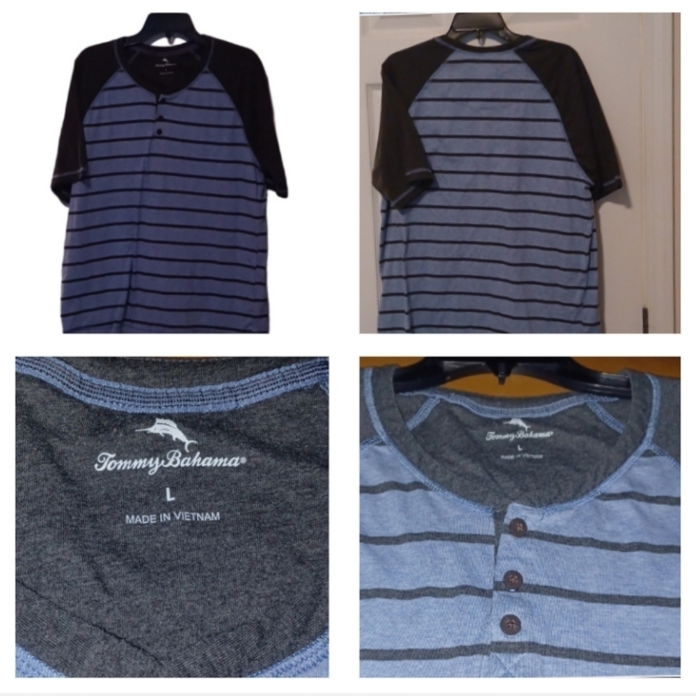 -- Tommy Bahama Gray and Blue Striped Henley Men's Size Large Casual - Picture 2 of 6